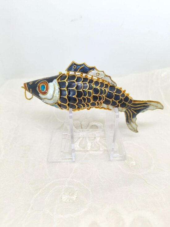 Jewelry - VTG Chinese Gilt Silver & Cloisonne Deep Blue Enamel Fish/Koi Pendant 4.5" LRG